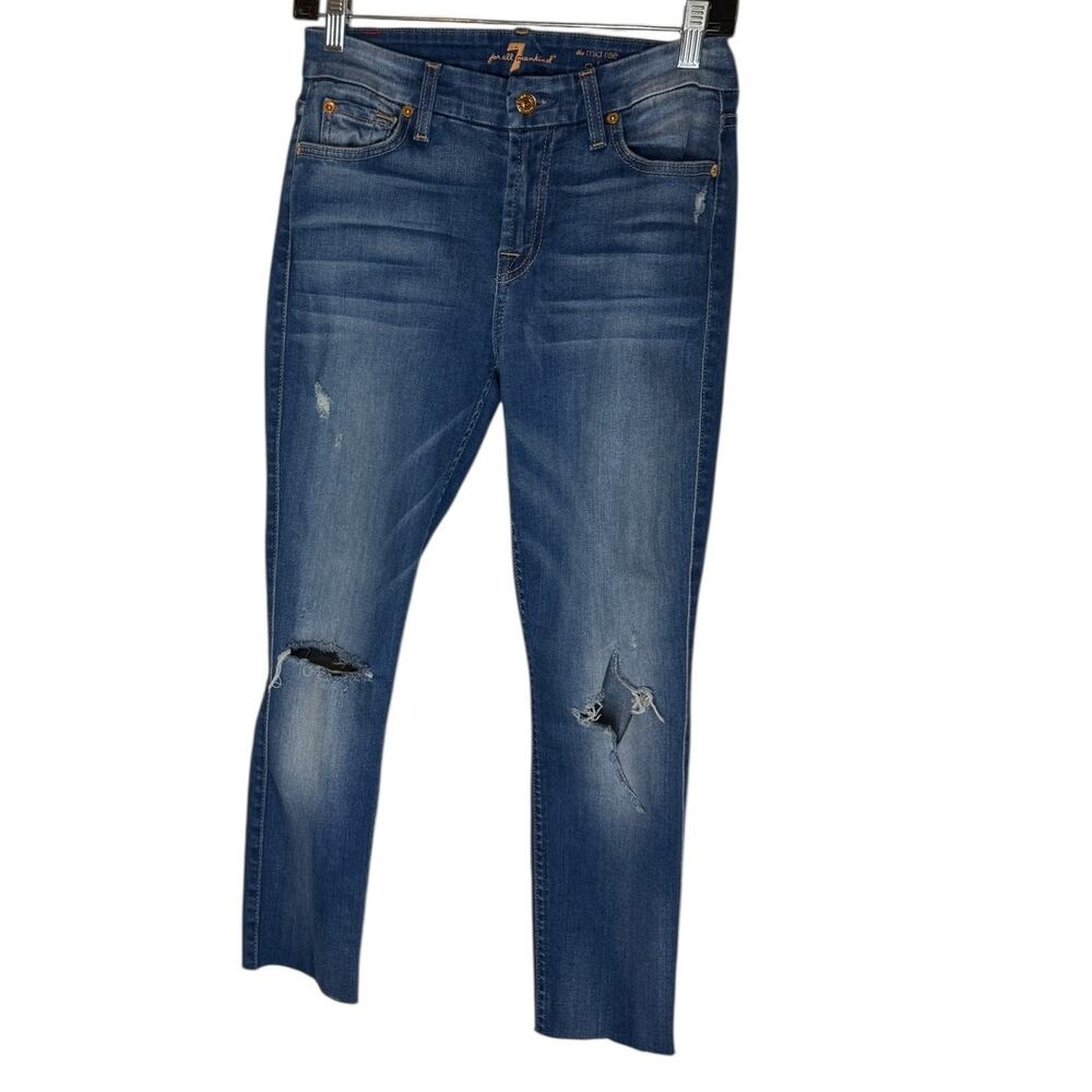 7 For All Mankind Women’s 26 Mid Rise Skinny Jeans Distressed Knees Raw Hem